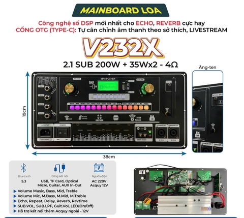 Mạch loa kéo 3 kênh 19x38, 1 Kênh sub 2 kênh Full , V232X
