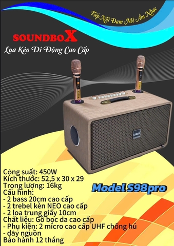 Loa kéo di động SOUNDBOX S98 PRO,2 Bass 20 Công suất 450W