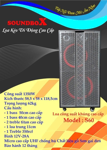 Loa kéo di động 50 đôi Soundbox S60 ,Công suất 1350w