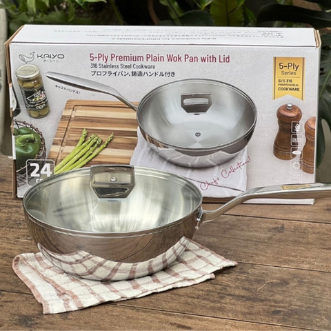 Chảo inox 316 liền khối 5-ply Premium Kaiyo - sâu lòng có vung kính 24cm - Hàng Nhật nội địa