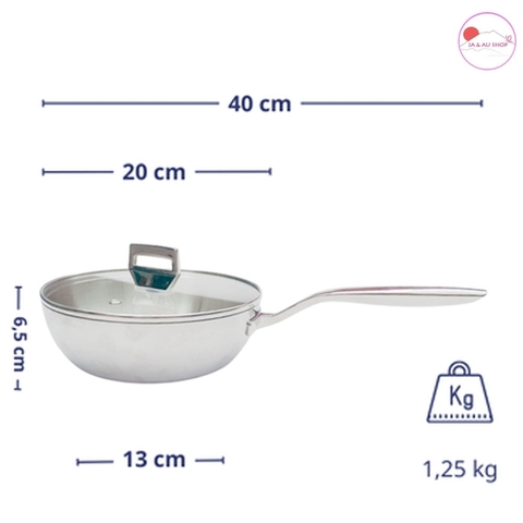 Chảo inox 316 liền khối5-ply Premium Kaiyo - sâu lòng có vung kính 20cm - Hàng Nhật nội địa