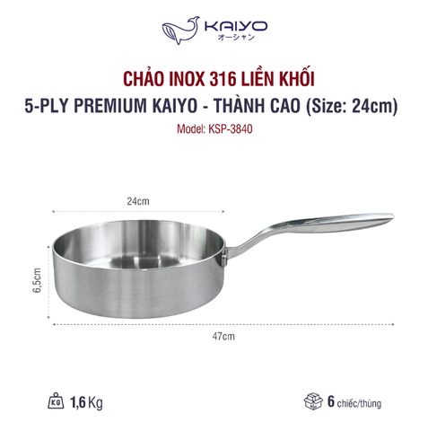 Chảo inox 316 liền khối 5-ply Premium Kaiyo - thành cao size 24cm - Hàng Nhật nội địa