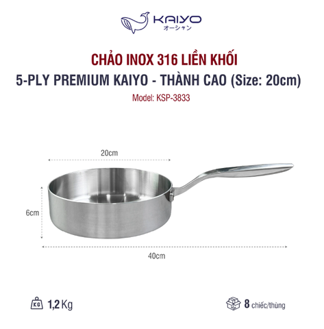 Chảo inox 316 liền khối 5-ply Premium Kaiyo - thành cao, size 20cm - Hàng Nhật nội địa