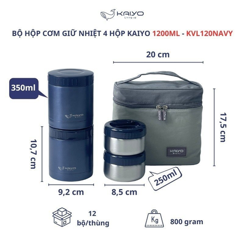 KAIYO- Bộ hộp cơm giữ nhiệt 5 món màu xanh navy - Hàng Nhật nội địa