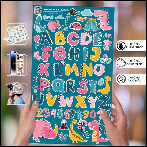 Hình dán sticker Alphabet ST T04 bóng phù hợp cho các bé muốn tiếp xúc bảng chữ cái với nhiều kiểu hình đa dạng