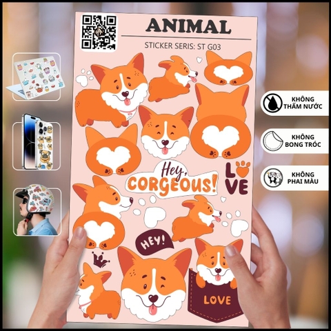 Hình dán sticker đep chó Corgi Animal ST G03 chất liệu vinyl phủ lớp chống thấm xước bay màu phù hợp dán mọi bề mặt phụ kiện huỳnh tân store