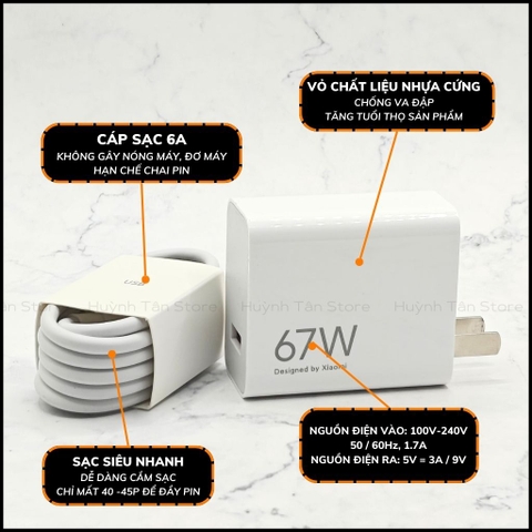 Bộ sạc nhanh xiaomi turbo charge 67w chính hãng cáp sạc 6A zin USB Type C công suất 67w 1 đổi 1 huỳnh tân store
