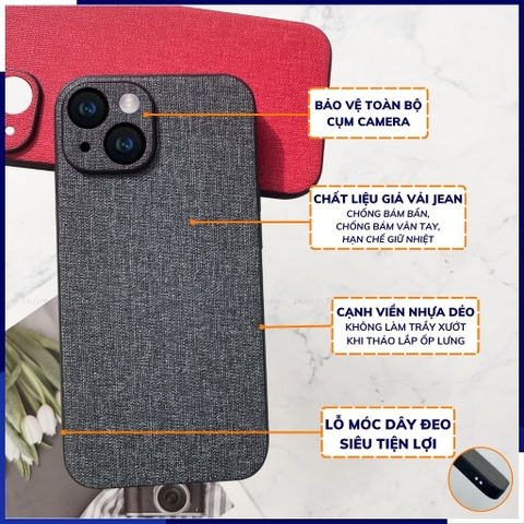 Ốp lưng iphone 14 chống vân tay nhựa cứng viền đen vải jean 1 màu phụ kiện điện thoại huỳnh tân store