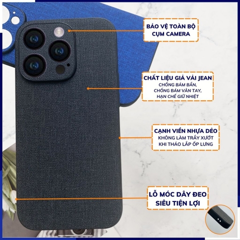 Ốp lưng iphone 14 pro chống vân tay nhựa cứng viền đen vải jean 1 màu phụ kiện điện thoại huỳnh tân store