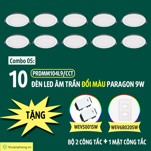 Combo đèn led âm trần đổi màu 9W + công tắc 05