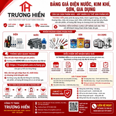 BẢNG GIÁ ĐIỆN NƯỚC, KIM KHÍ, SƠN, GIA DỤNG – QUY TRÌNH NHẬN BÁO GIÁ TẠI TRƯƠNG HIỀN