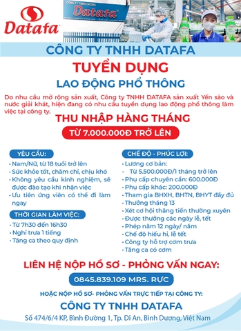 TUYỂN DỤNG LAO ĐỘNG PHỔ THÔNG THÁNG 6- 2025