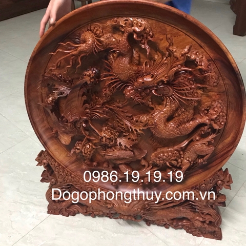 Tranh Đĩa tứ linh, gỗ hương Gia Lai nguyên khối, Đk 80cm sâu 10cm cao 90cm