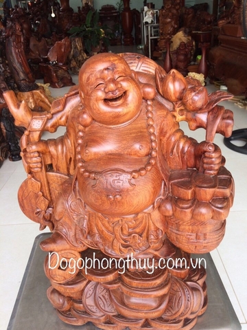 Tượng di lặc ghánh đào gỗ hương, cao 60cm rộng 42cm sâu 23cm