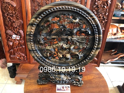 Tranh Đĩa Tứ Linh Gỗ Mun Hoa Đk 40cm cao 5cm dỳ 4cm