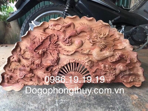 Tranh Quạt Tư linh Gỗ Hương Gia Lai, cao 60cm rộng 100cm dầy 6cm