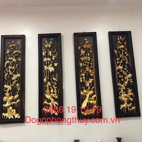 Tranh tứ quý gỗ mun hoa, dát vàng 24k, cao 1m18 rộng 30cm dày 4cm