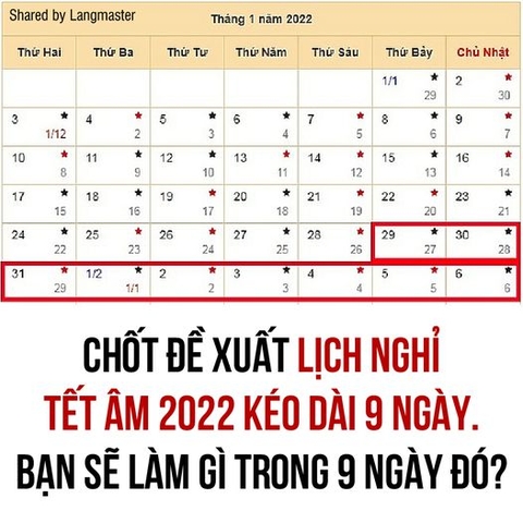 Lịch nghỉ tết Nguyên Đáng Nhâm Dần 2022