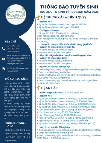 TRƯỜNG TC KINH TẾ - DU LỊCH HOA SỮA THÔNG BÁO TUYỂN SINH NĂM 2026