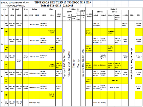 THỜI KHÓA BIỂU TUẦN 12 TỪ 17/9 ĐẾN 22/9/2018