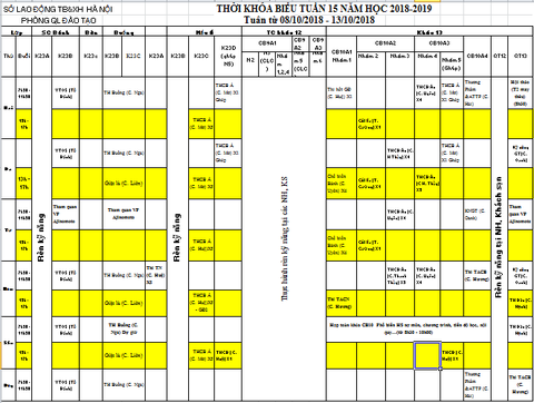 THỜI KHÓA BIỂU TUẦN 15 TỪ NGÀY 08/10 ĐẾN 13/10/2018