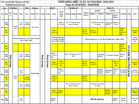 THỜI KHÓA BIỂU TUẦN 16 TỪ 15/10 ĐẾN 20/10/2018