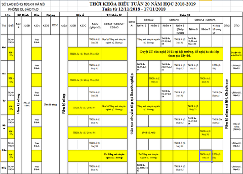 THỜI KHÓA BIỂU TUẦN 20 TỪ 12/11 ĐẾN 17/11/2018