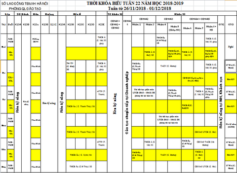 THỜI KHÓA BIỂU TUẦN 22/11 ĐẾN 01/12/2018