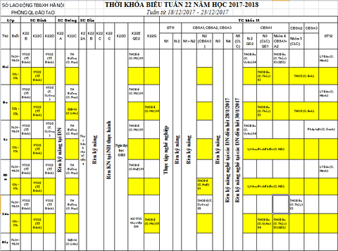 THỜI KHÓA BIỂU TUẦN 22 TU 18/12 ĐẾN 23/12/2017