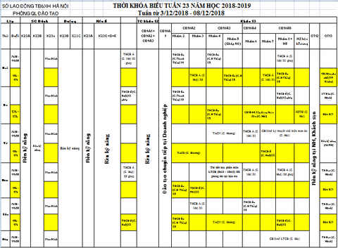 THỜI KHÓA BIỂU TUẦN 23 TỪ NGÀY 03/12 ĐẾN 08/12/2018