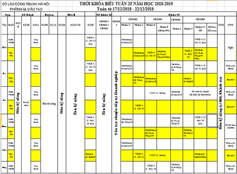 THỜI KHÓA BIỂU TUẦN 25 TỪ 17/12 ĐẾN 22/12/2018