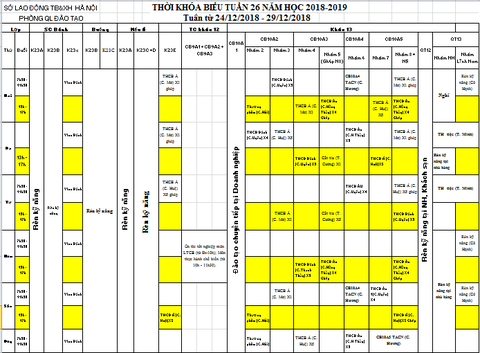 THỜI KHÓA BIỂU TUẦN 26 TỪ 24/12 ĐẾN 29/12/2018