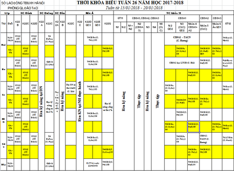 THỜI KHÓA BIỂU TUẦN 26 TỪ 15/01 ĐẾN 20/01/2018