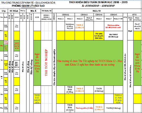 THỜI KHÓA BIỂU TUẦN 28 TỪ 07/01 ĐẾN 12/01/2019