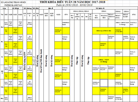 THỜI KHÓA BIỂU TUẦN 28 TỪ 29/01 ĐẾN 03/02/2018