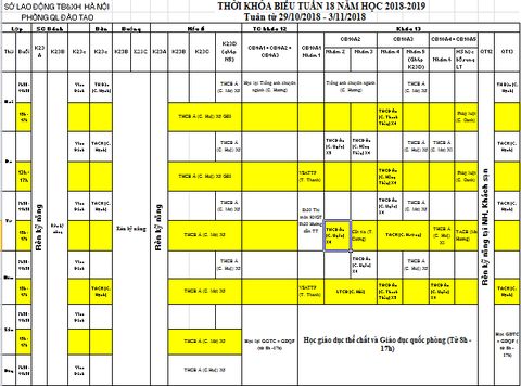 THỜI KHÓA BIỂU TUẦN 18 TỪ 29/10 ĐẾN 03/11/2018