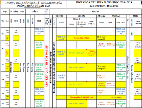 THỜI KHÓA BIỂU TUẦN 30 TỪ 21/01 ĐẾN 26/01/2019