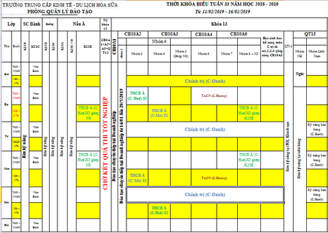 THỜI KHÓA BIỂU TUẦN 33 TỪ 11/02 ĐẾN 16/02/2019