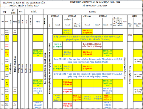 THỜI KHÓA BIỂU TUẦN 34 TỪ 18/02 ĐẾN 23/02/2019