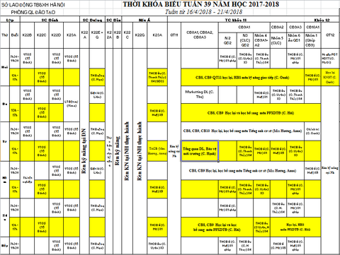 THỜI KHÓA BIỂU TUẦN 39 TỪ 16/4 ĐẾN 21/4/2018