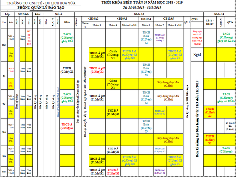 THỜI KHÓA BIỂU TUẦN 39 TỪ 25/3 ĐẾN 30/3/2019