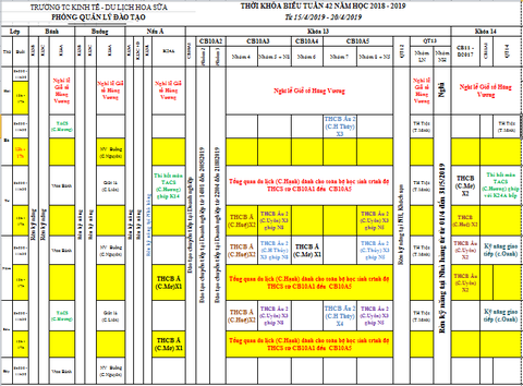 THỜI KHÓA BIỂU TUẦN 42 TỪ 15/4 ĐẾN 20/4/2019