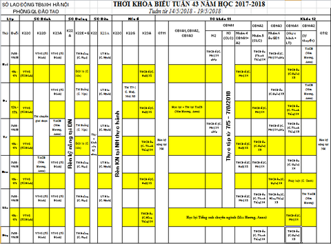 THỜI KHÓA BIỂU TUẦN 43 TỪ 14/5 ĐẾN 19/5/2018