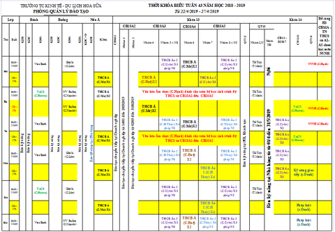 THỜI KHÓA BIỂU TUẦN 43 TỪ 22/4 ĐẾN 27/4/2019