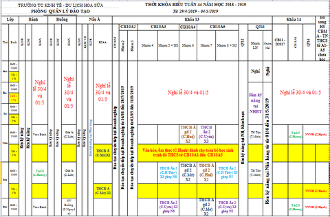 THỜI KHÓA BIỂU TUẦN 44 TỪ 29/4 ĐẾN 04/5/2019