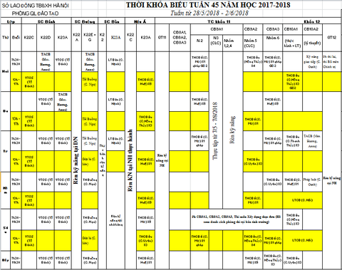 THỜI KHÓA BIỂU TUẦN 45 TỪ 28/5 ĐẾN 02/6/2018