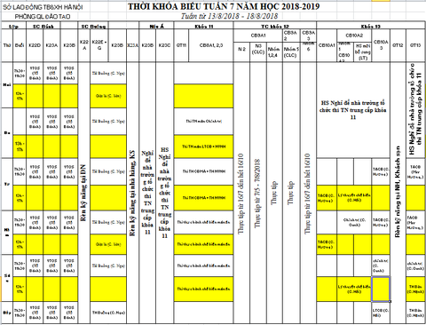 THỜI KHÓA BIỂU TUẦN 7 TỪ 13/8 ĐẾN 18/8/2018