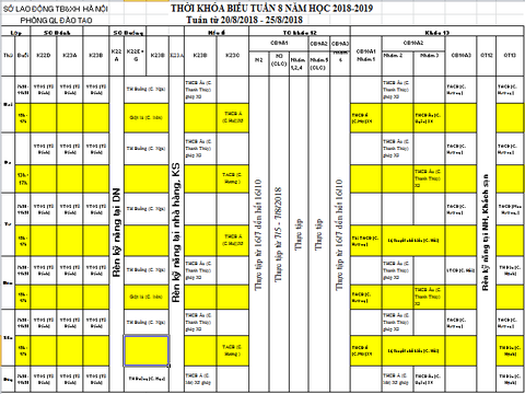 THỜI KHÓA BIỂU TUẦN 8 TỪ 20/8 ĐẾN 25/8/2018