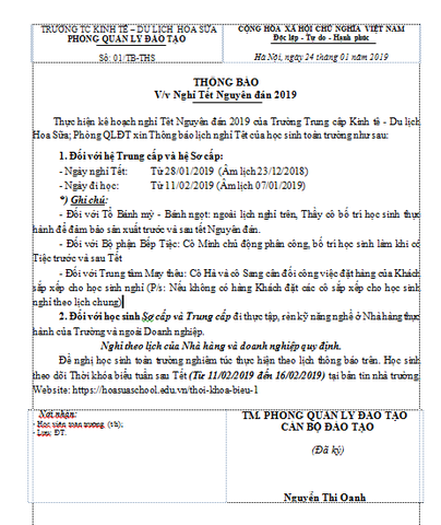 THÔNG BÁO KẾ HOẠCH NGHỈ TẾT NGUYÊN ĐÁN NĂM 2019 CHO HỌC SINH TOÀN TRƯỜNG