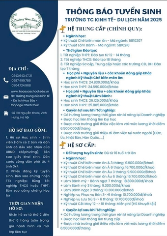 TRƯỜNG TC KINH TẾ - DU LỊCH HOA SỮA THÔNG BÁO TUYỂN SINH NĂM 2025